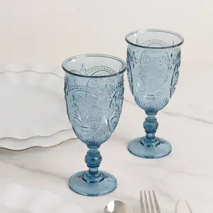 24-Pack Plastic Vintage Goblets – 10oz Transparent Dusty Blue Retro Embossed Wine Glasses, Elegant Water & Juice Cups - 7" Tall