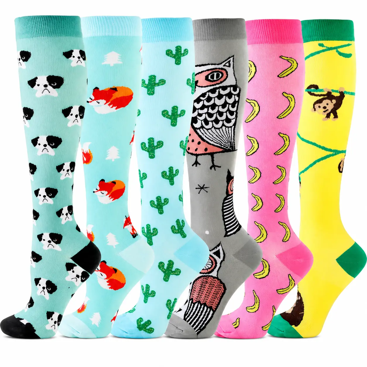 MhzyCaus  6 Pairs Cute Pattern Knee High Socks for Women and Men, Fun Animal & Fruit Design Crew Socks, Soft Breathable Stretch Socks for Casual Wear, Work, Travel, Running, Outdoor Activities and Everyday Comfort