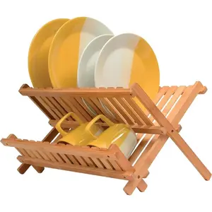 Dish Drying Rack - Collapsible 2-Tier Bamboo Dish Rack for Kitchen Counter, Wooden Dish Drainer with Foldable Space-Saving Design - Drying Rack for Dishes, Plates, and Cups