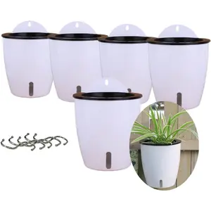 5 Pack Visible Water Level Self Watering Planter with Inner Pot,Hanging Planters,Wall Mounted  Holder,Small Flower pots Indoor Out Flowerpot with 5 Hooks for All House  (White)