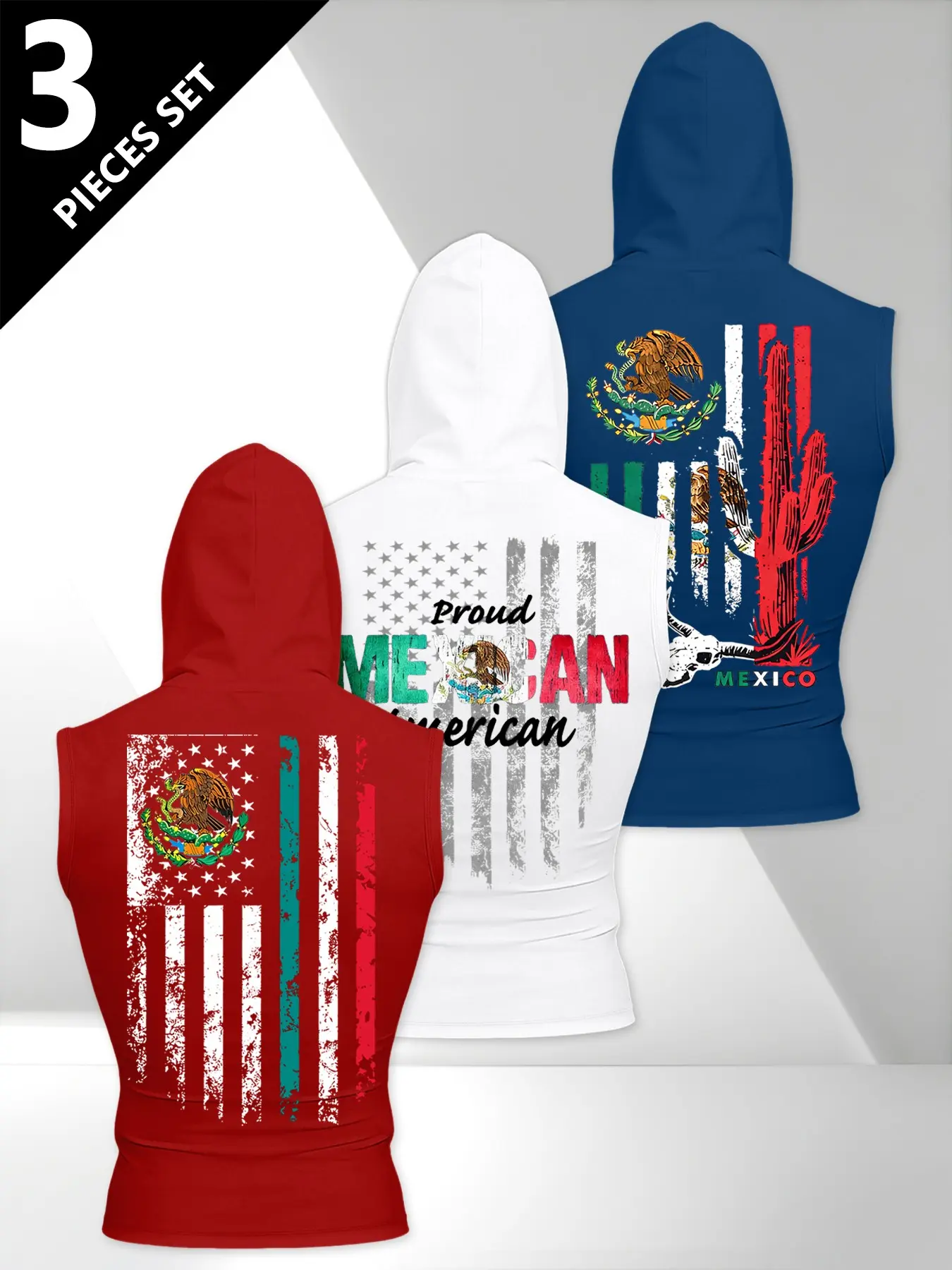 Men's American Vintage Mexican Style Sleeveless Hoodie Set, 3-Piece Letter Print Casual Sportswear, Fitted H-Type Back Vest Combo