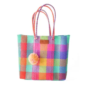 Fiesta Woven Tote Bag - Multi-Color - Eco-Friendly Handmade by Artisans - Perfect for Work, Travel, and Beach - Recycled Plastic Material