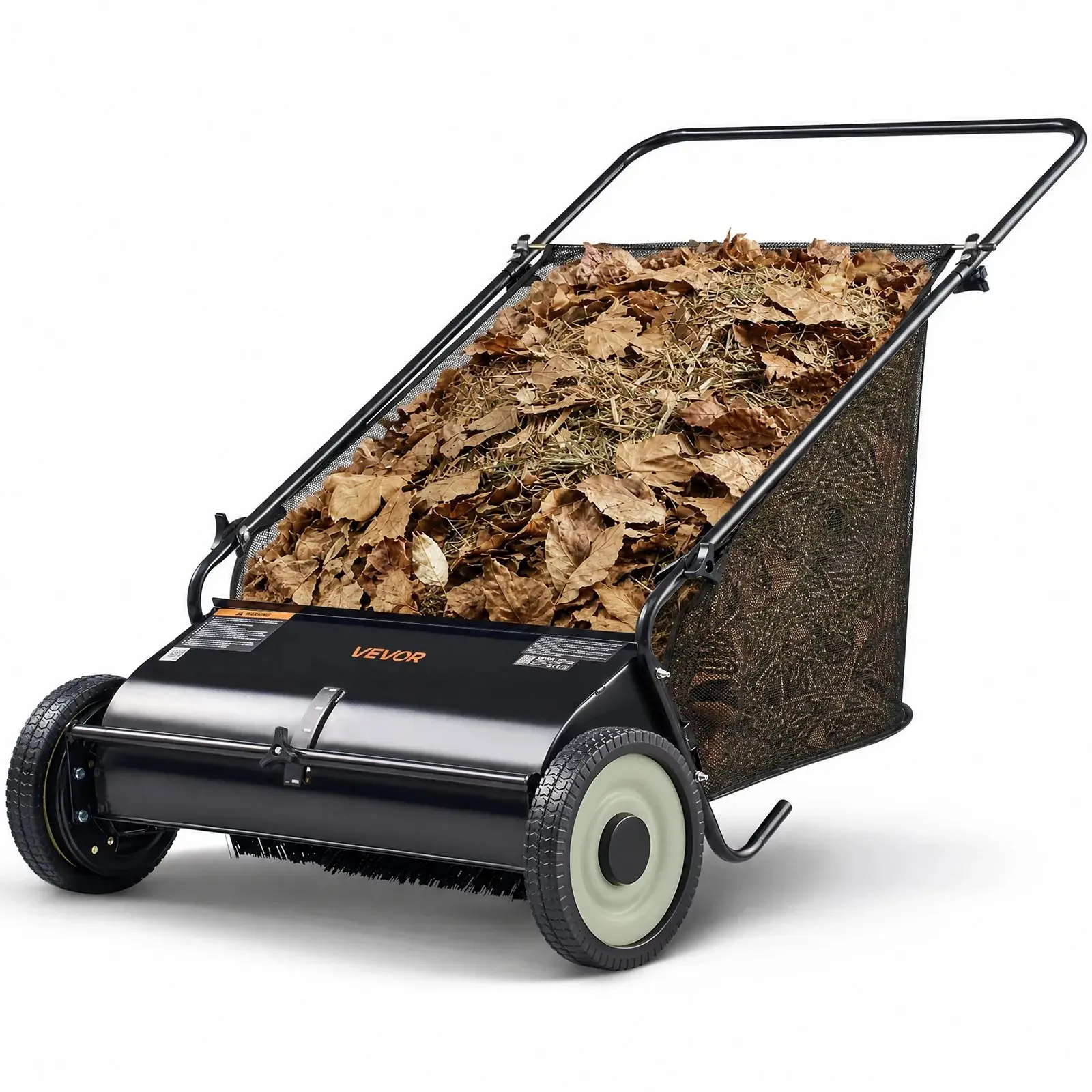 【toolupgrade】VEVOR Push Lawn Sweeper 26 Inch Leaf & Grass CollectorStrong Rubber Wheels & Heavy Duty Thickened Steel Durable to Use with Large Capacity 7 ft³ Mesh Collection Bag4 Spinning Brushes