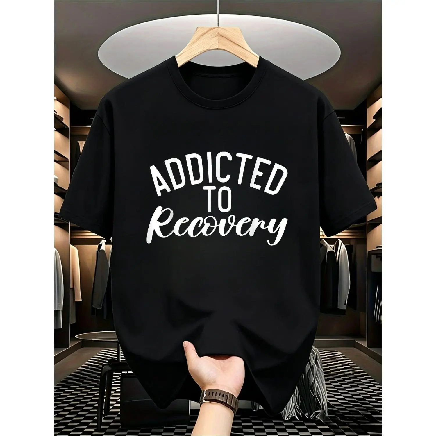 Men's Addicted to Recovery Short-Sleeve Graphic T-Shirt - Vintage Breathable Comfortable Cotton Streetwear Top, Casual Round Neck Distressed Look Sobriety Gift Menswear