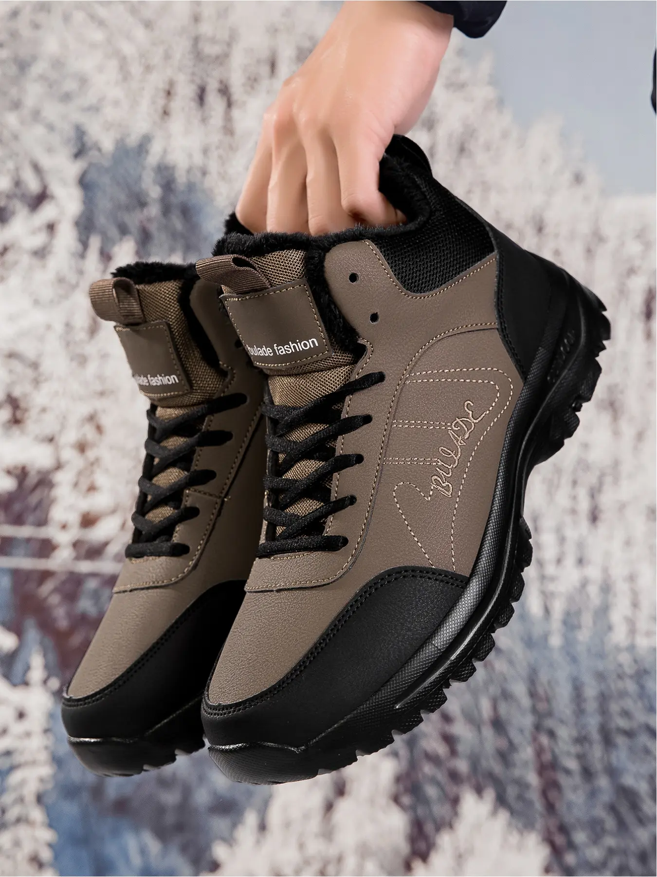 Men's Winter & Autumn Lace-Up High-Top Durable Outdoor Hiking Boots - Fleece-Lined Warm, Windproof, Slip-Resistant & Waterproof for Daily Wear & Outdoor Sports