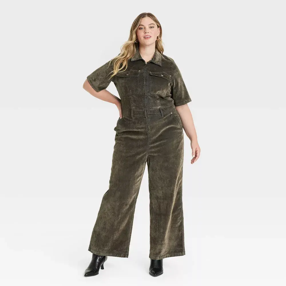 Women's Holiday Short Sleeve Flocked Denim Jumpsuit - Universal Thread Olive 17