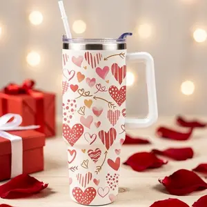 Valentine Heart Pattern 40oz Insulated Stainless Steel Tumbler with Handle & Straw, Love Theme Travel Cup for Her, Reusable Hot Cold Drink Mug Gift