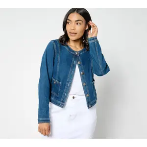 Susan Graver Stretch Denim Collarless Jacket with Patch Pockets