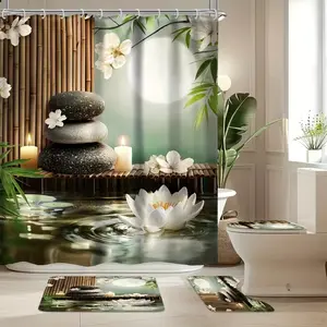 1/4pc Lotus & Bamboo Pattern, Stone Spa Shower Curtain Set, includes shower curtain, toilet seat cover, rectangular & U-shaped mats, for bathroom décor, 12 shower curtain hooks, Bathroom Accessories, Bathroom Shower Equipment