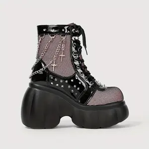 Chic Women'S Chain Platform Boots Lace Up & Zipper Chunky Heel Black Combat Ankle Booties Fashion Studded Motorcycle Boots