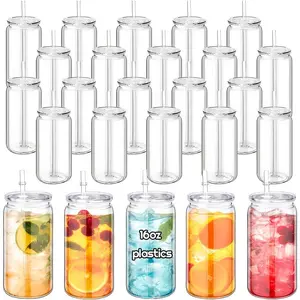 50pcs 16oz clear Plastic Acrylic Cans with Lids and Straws  for UV DTF wraps Acrylic Tumblers Bulk Single Wall Reusable Bottle Drinkware Bottled Washable