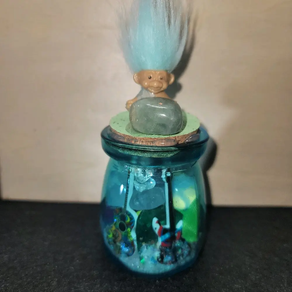 Mischief Maker Crystal Jar with GREEN AVENTURINE AND  Colorful Trolls and Unique Design