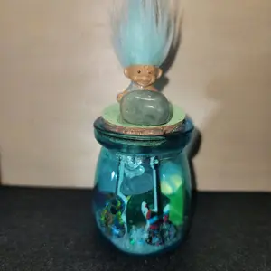 Mischief Maker Crystal Jar with GREEN AVENTURINE AND  Colorful Trolls and Unique Design