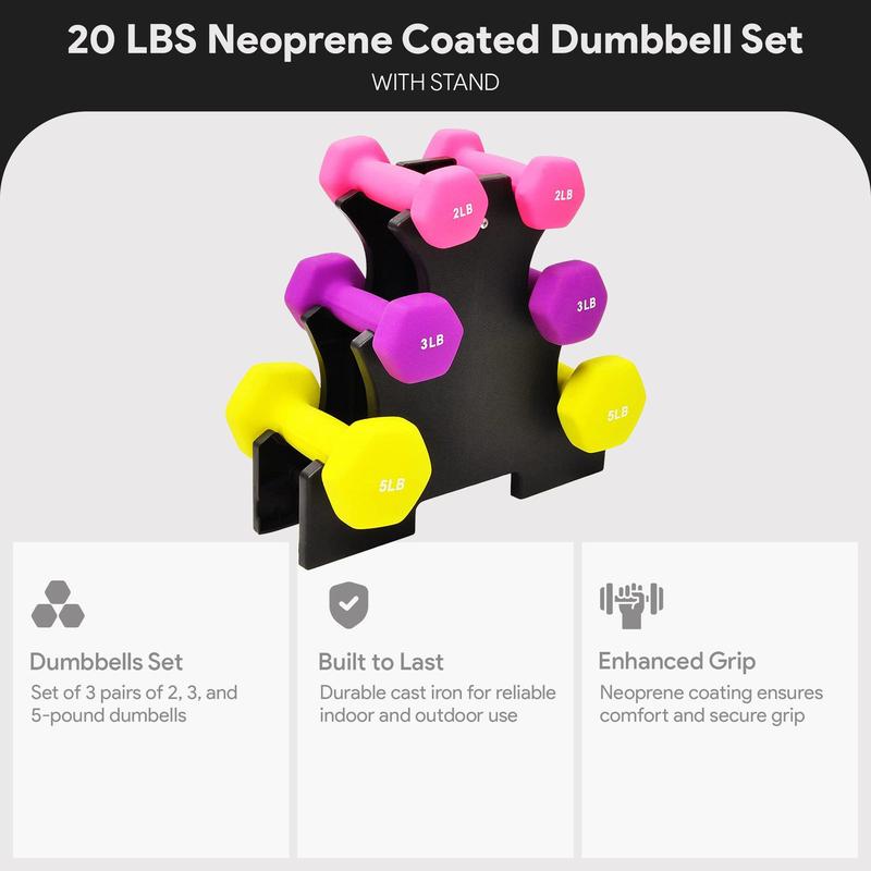 BalanceFrom Neoprene Dumbbell Set with Rack, Nonslip Coated Weights for Women and Men, Strength Training, Multiple Sizes and Colors