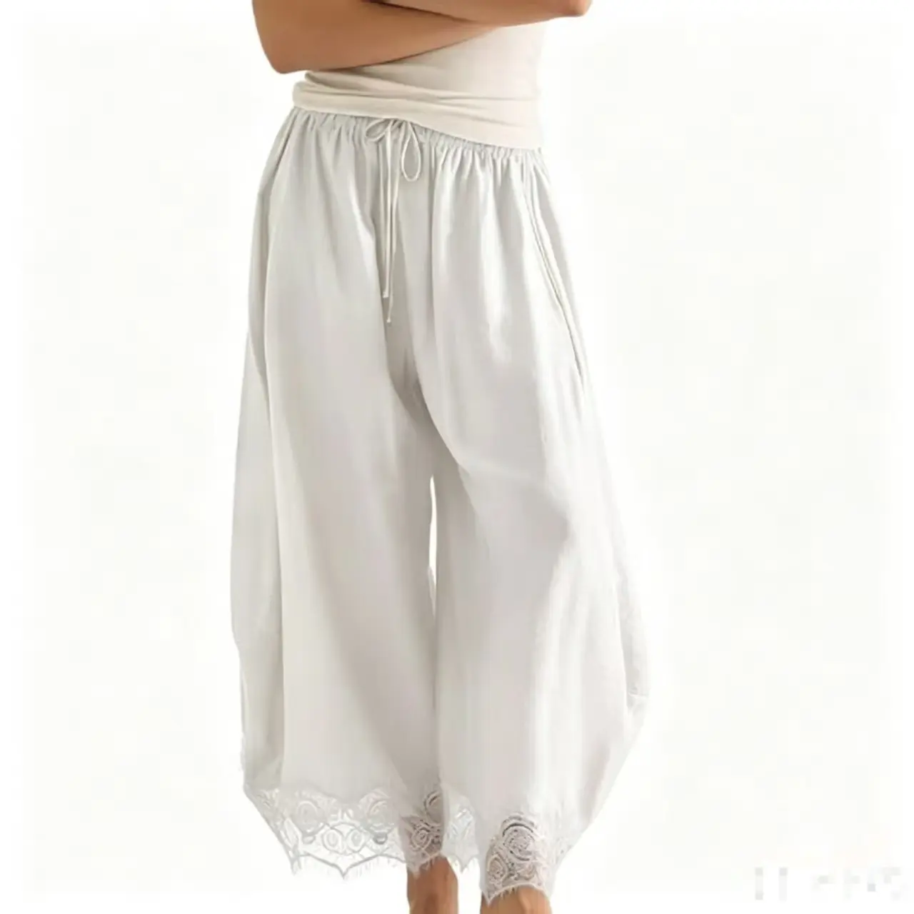 Women’s summer Capri-style ankle-length wide-leg pants with elastic waistband and lace trim, solid color, loose curve-hugging cut; women’s casual vacation travel Capri-style ankle-length pants