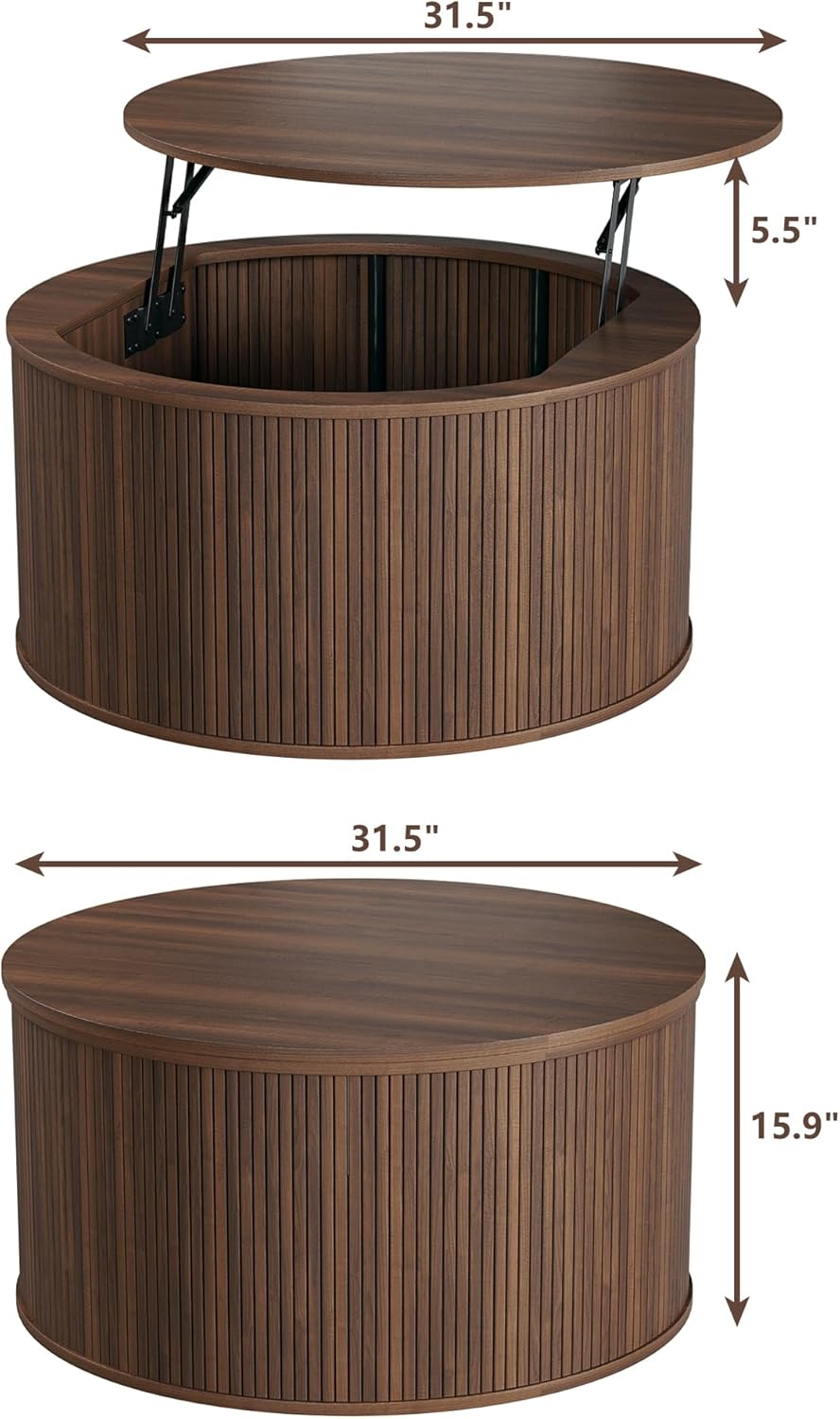 Round Coffee Table with Storage, 31.5" Lift Top Coffee Table, Mid Century Modern Coffee Tables for Living Room, Apartment Office, Fluted Table with Rustic Wood Desktop, Walnut Round Coffee Table with Storage, 31.5" Lift Top Coffee Table, Mid Century Modern Coffee Tables for Living Room, Apartment Office, Fluted Table with Rustic Wood Desktop, Walnut