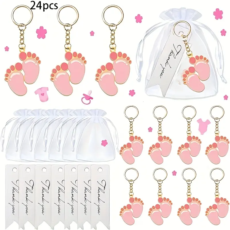 [Blue Footprint Keychain Set] 24pcs Blue Footprint Keychain Set | Durable Metal Split Ring Closure, Cute Keychain Accessories with White Organza Bag & Thank You Cards - Ideal for Showers, Birthdays, Graduations, Halloween, Christmas
