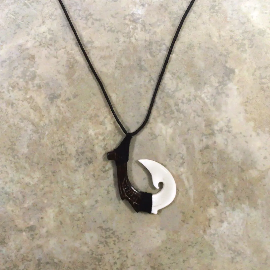 Adjustable Wood/Bone Carved Hook Black Necklace