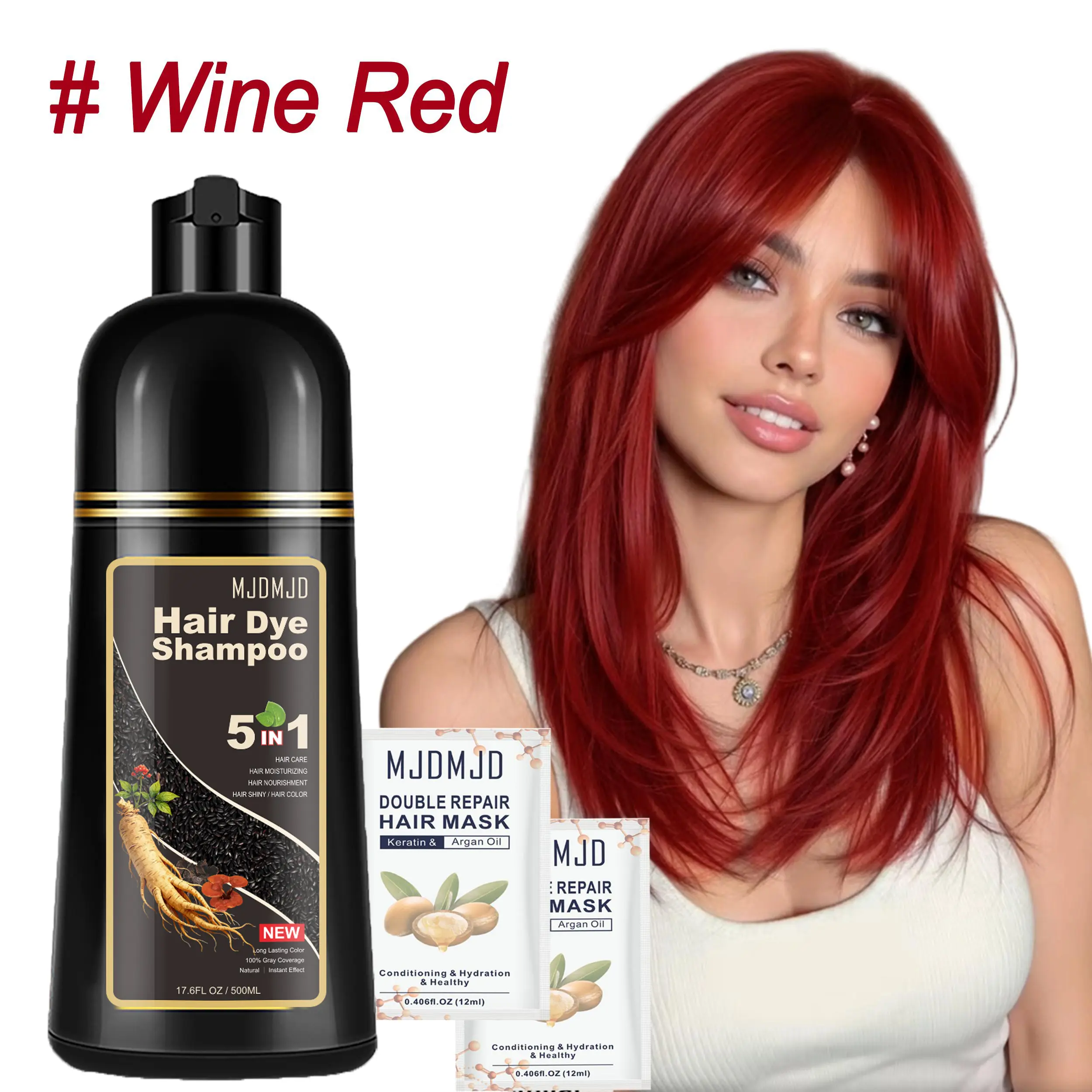 Wine Red Hair Dye Shampoo 5-in-1,Includes 2 Free Hair Mask Sachets,Instant Shampoo HairDye for Women,Natural Red Shampoo for Painting Hair,Burgundy Shampoo Dye Hair Color Lasts up to 4 Weeks,Champu Para Pintar el Pelo,Haircare Salon,500 ml