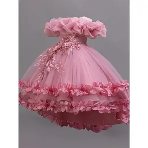 Elegant Sleeveless Princess Dress Girls - Gown with-Low Hem, Floral Appliques & Belt Detail, Breathable Polyester Blend