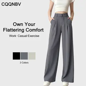CQQNBV Women's High-Waisted Wide Leg Stretchy Dress Pants - Pockets, Flowy Business Casual Office Trousers, Comfy Sports Bottoms