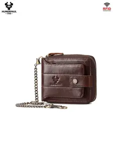 Men's Dual-Fold Leather Wallet with Chain, Large Capacity Multi-Card Slots, Casual Fashion Coin Purse Bp735, Easy Carry Pure Color, Zipper Leather Wallet