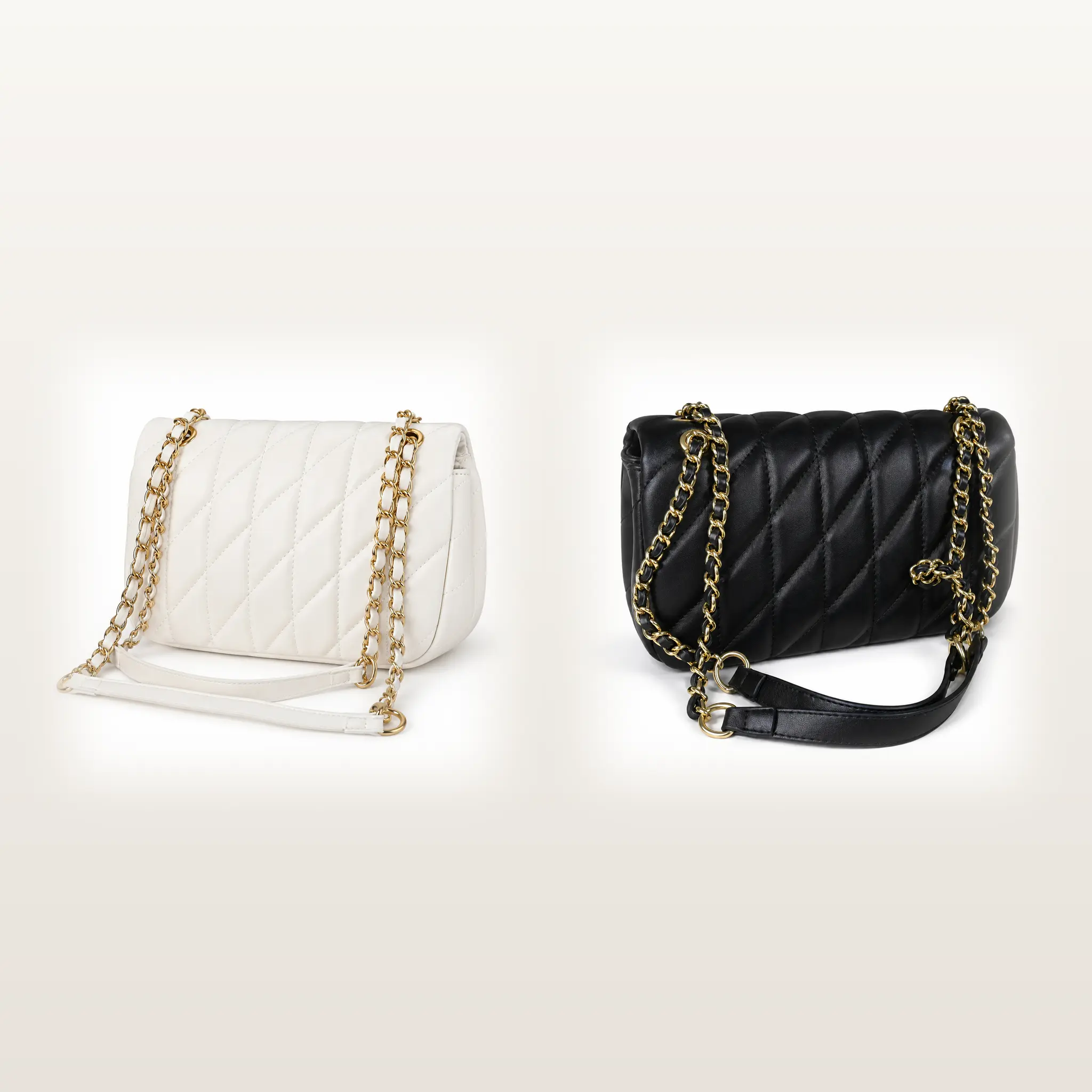 Quilted Chain Crossbody Bag for Women, Compact Padded Shoulder Purse with Gold-Tone Chain Strap, Ivory White and Black