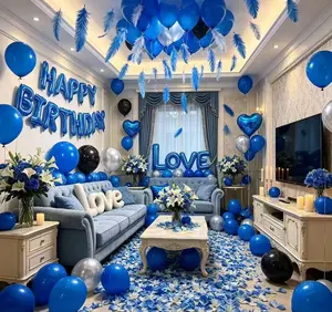 62pcs Blue Birthday Party Decoration Set Includes 16"Happy Birthday Banner, Blue Candy Balloons, 6pcs 18" Foil Heart Balloons, Blue Black Silver Latex Balloons & Ribbons For Baby Shower Men's Party Graduation Ceremony Viral Photo Backdrop