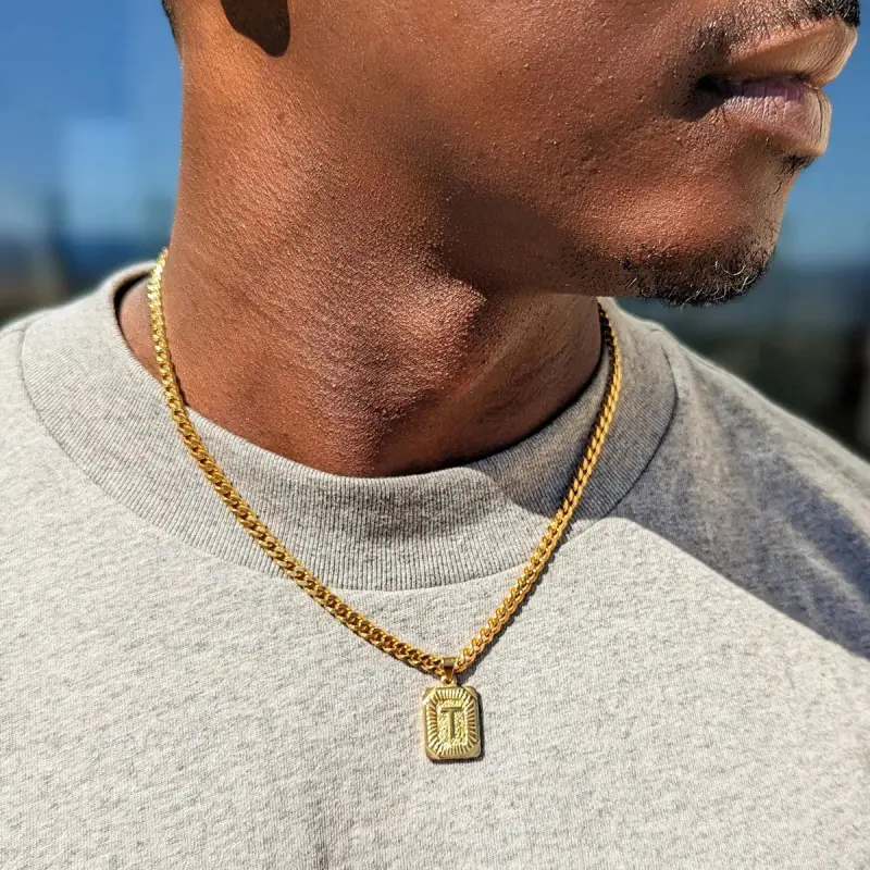 Initial Letter Pendant Necklace for Men Womens, 18K Gold Plated Square Capital  A-Z Necklace 5mm Cuban Chain Necklace 18/20/22/24/26 Inch,summervibes