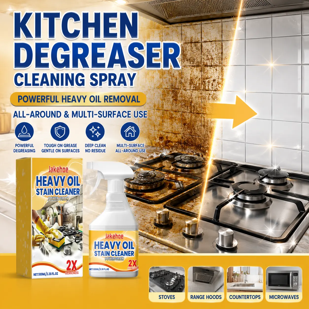 Oil Stain Cleaner, Heavy Oil Cleaner, Degreaser Cleaner Spray, Durable Kitchen Cleaning Solution, Household Kitchen Cleaning Tool for Oven, Stove, Range Hood 100ML