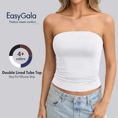 EasyGala Womens Double Lined Tube Tops Non Slip Strapless Bandeau Top Buttery Soft Second Skin Feel Y2K Sleeveless Going Out Tops Full Length Slim Fit Sexy Summer Outfits