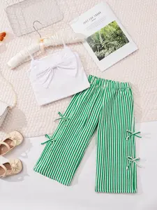 Girls Summer Set with Large Bow Tie Cami Top and Fashion Striped Long Pants Two-Piece, Summer Clothing Set, Cute Sleeveless Fitted Style, Striped Sets, Casual Outfit Set, Clothes Kids, Striped Print Set