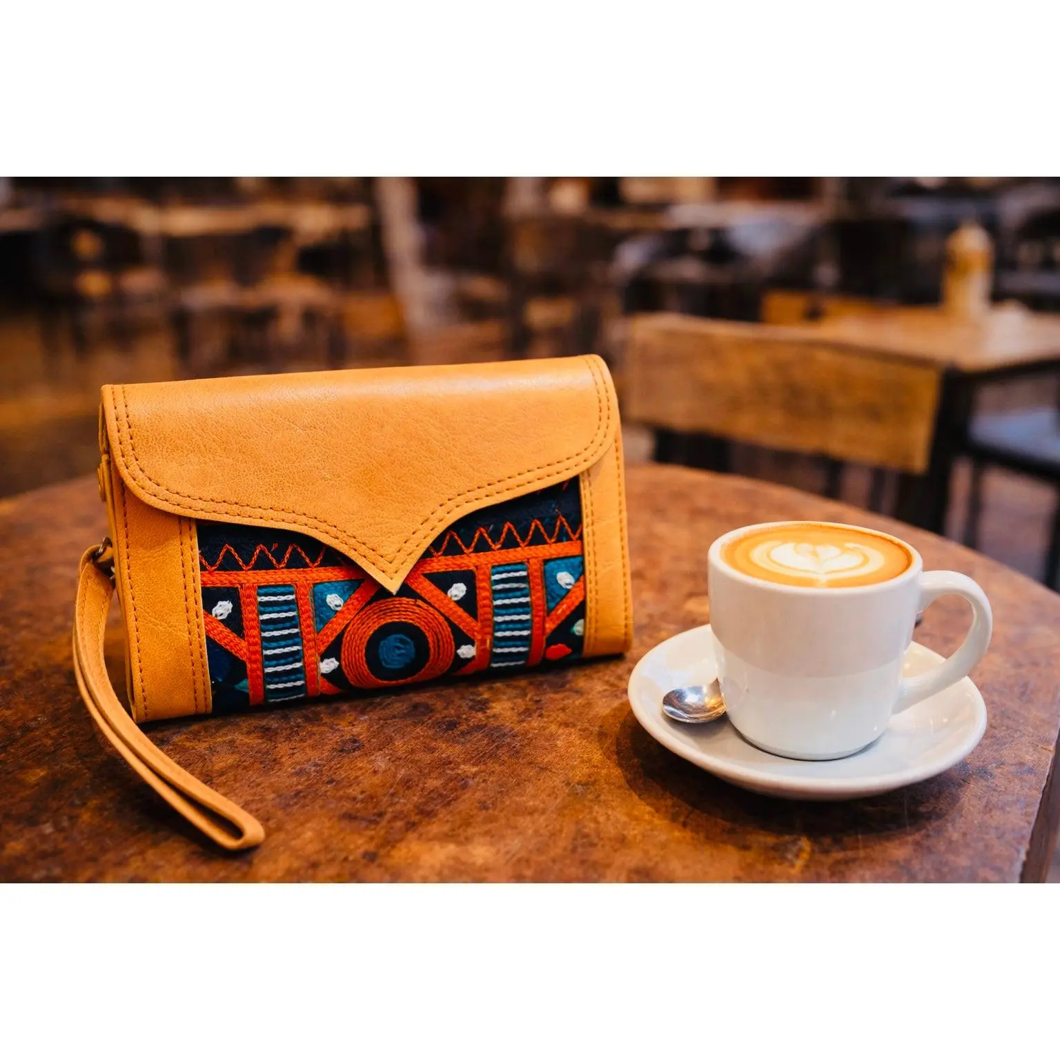 Women's Genuine Leather Envelope Clutch Wristlet - Handmade Traditional Purse, Elegant Afghan Embroidery, Flap Design, Natural Material, Detachable Wrist Strap for Cultural Enthusiasts