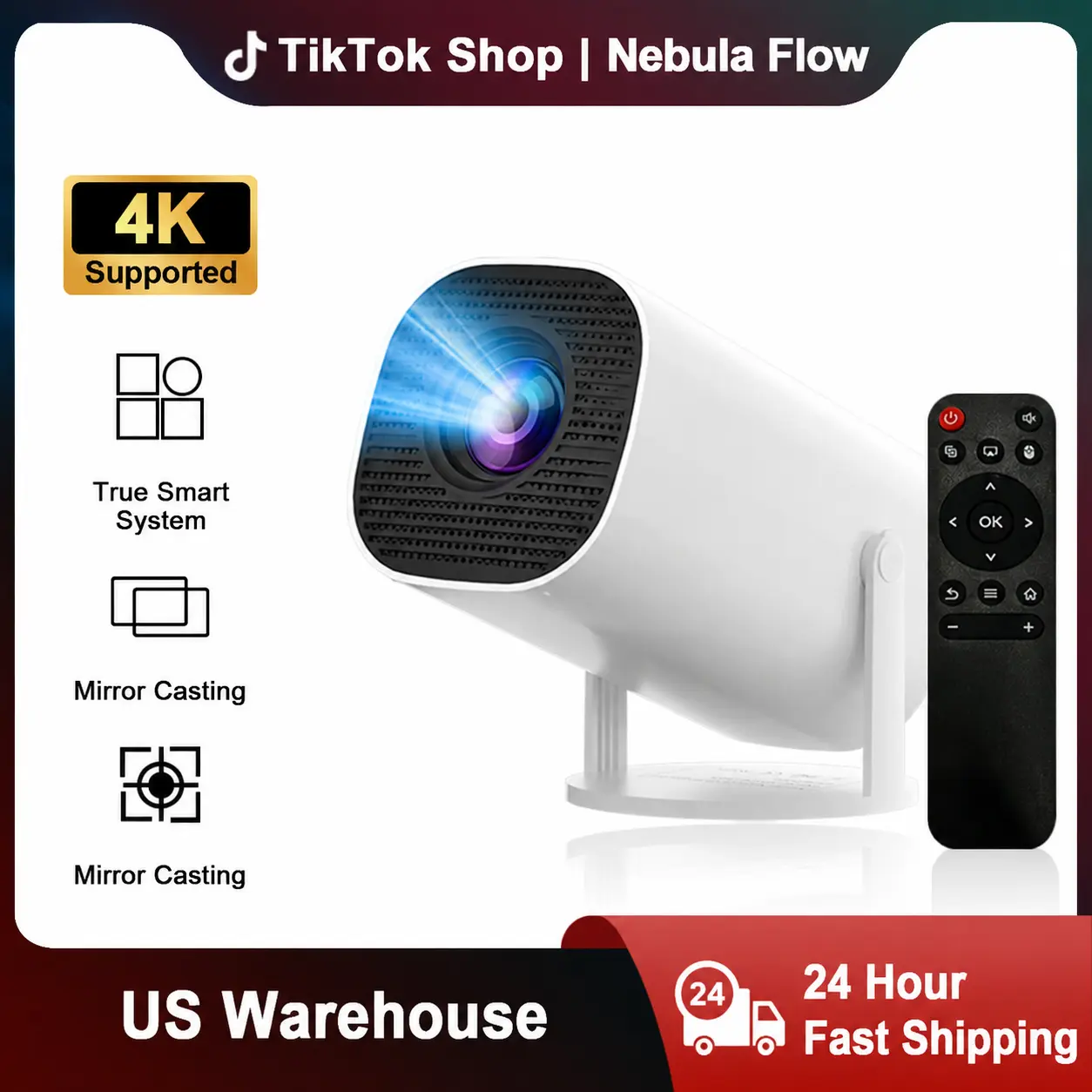 Portable Smart Projector with remote control, HD Video Playback, Keystone Correction, Wireless Screen Mirroring for iOS & Android Phones, USB & Audio Device Connectivity, Mobile Cable Compatibility #Homw theater #US Warehouse