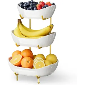 3 Tier Ceramic Fruit Bowl for Kitchen Counter - Fruit Basket with  Metal Stand, Fruit Holder for Snacks, Nuts, Cakes, Desserts, Bread, Candy Storage