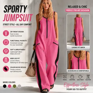 Women's Solid Jumpsuit Crew Neck Sleeveless Zipper Color Block Ruffle Loose Retro Wide Leg Jumpsuit with Pockets