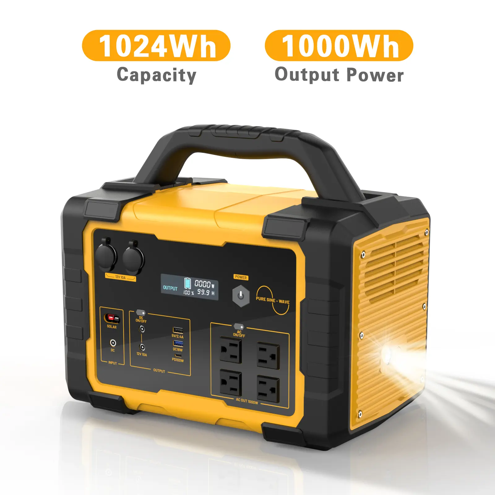 1000W 1024Wh Portable Power Station - Solar Battery Charger with Fast Charging Lithium Cell, 120V/1000W 4 AC & USB Ports, Aluminum Alloy Build, Built-In Light, Optional 200W/400W Solar Panels for Camping, Hunting, Emergency Use, High Output Battery, Porta