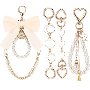 5 Pcs Bag Extender Chain Gold Pearl Purse Chain Ribbon Bow Keychain Extender Bag Strap Purse Charms Accessories for Handbag Y2K Aesthetic Bag Accessories Bag Charm Keychain Accessory Gifts for Women keychains for women