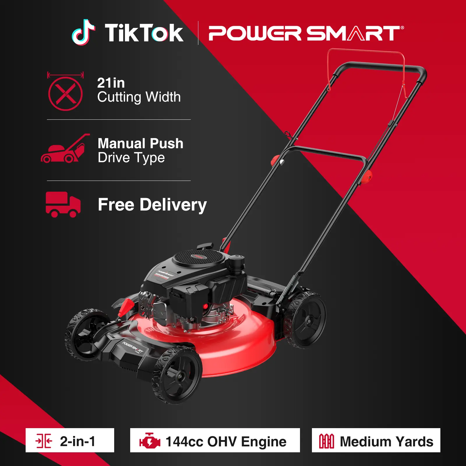 【Summerfinds】PowerSmart 21-in Gas Lawn Mower - 144cc/170cc 4-Cycle OHV Engine, 2-in-1/3-in-1 Mulch & Side-Discharge, Self-Propelled Option, 6-Position Adjustable Cutting Height (Models DV8621C/DV8621P/DV8621S)
