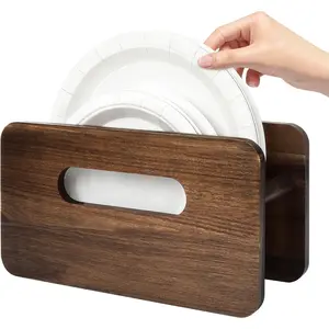 1 Pack Wood Paper Plate Organizer, Space-Saving Paper Plate Dispenser & Plate Storage for 7-12 Inch Disposable Plates, Cabinet Plate Organizer for Kitchen RV Camping (1 PACK)