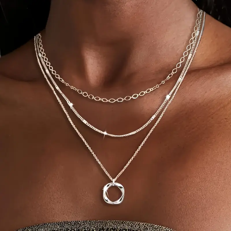 925 Sterling Silver Layered Necklace - Fashionable circular pendant design, suitable for parties, vacations, and gifting. Timeless Appeal