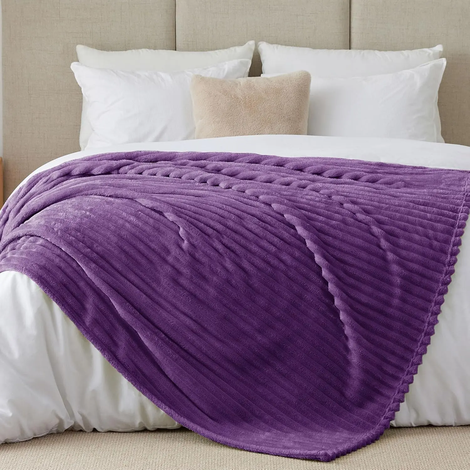 Microfibre Fleece Throw Blanket for Couch - 300GSM Warm Modern 90"x90" Queen-Sized Striped Purple, Durable Fade-Resistant Machine-Washable Decorative Holiday Gift for Women