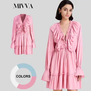 Women's Sexy Puff Sleeve Ruffles Ruched V Neck Bodycon Party Clubwear, short homecoming Dress Womenswear, elegant vacation outfits vestido Pink Blue White S-L