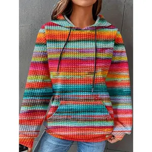 Plus Size Allover Print Hoodie, Casual Kangaroo Pocket Drawstring Long Sleeve Hooded Sweatshirt, Women's Plus Size Clothing
