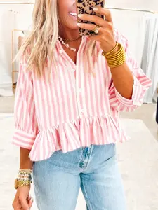 Women's Striped Shirt Blouse, Casual Vacation Front Button Pockets Loose Ruffle Top, Spring Summer, Comfortable and Stylish, Perfect for Daily Wear
