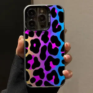 Holographic Gradient Leopard TPU Phone Case, Compatible with iPhone 16/15/14/13/12 Pro Max Multi-Camera, Pink Blue Gold Gradient Shimmer, Shockproof Black Edge Soft Case