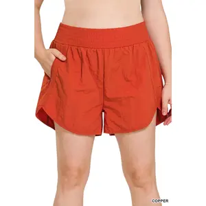 ZENANA windbreaker smocked waistband running shorts COPPER