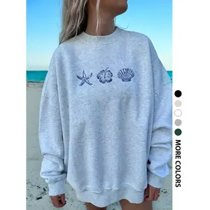 Women's Starfish Shell Print Sweatshirt, Casual Thick Long Sleeve Pullover Top for Fall, Loose-Fitting Fashionable Women's Top