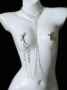 1pc Sexy Rhinestone Heart Pendant Breast Clasp Chain, Adjustable Body Chain Necklace, Nightclub Sensual Accessory, Couples Love Regulator