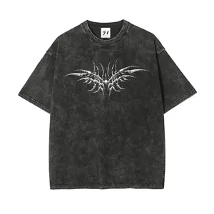 Men's Acid Wash Vintage Grey Heavyweight Cotton T-Shirt - Oversized Y2K Cyber Sigilism Tribal Chrome Graphic Washable Direct-to-Garment Tee, Gothic Grunge Streetwear Top